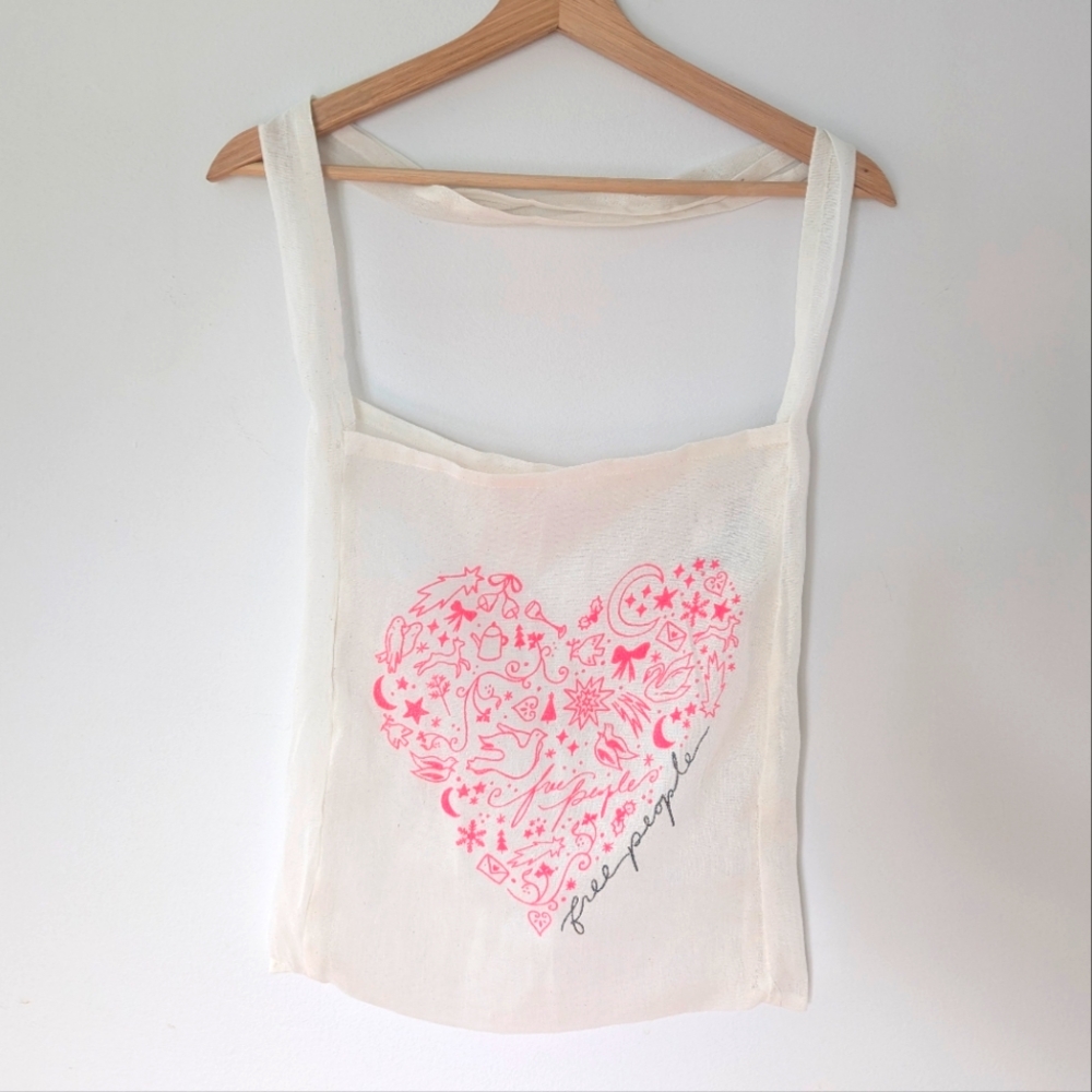 Free People Muslin Boho Shoulder Tote Bag with Pink Heart Graphic